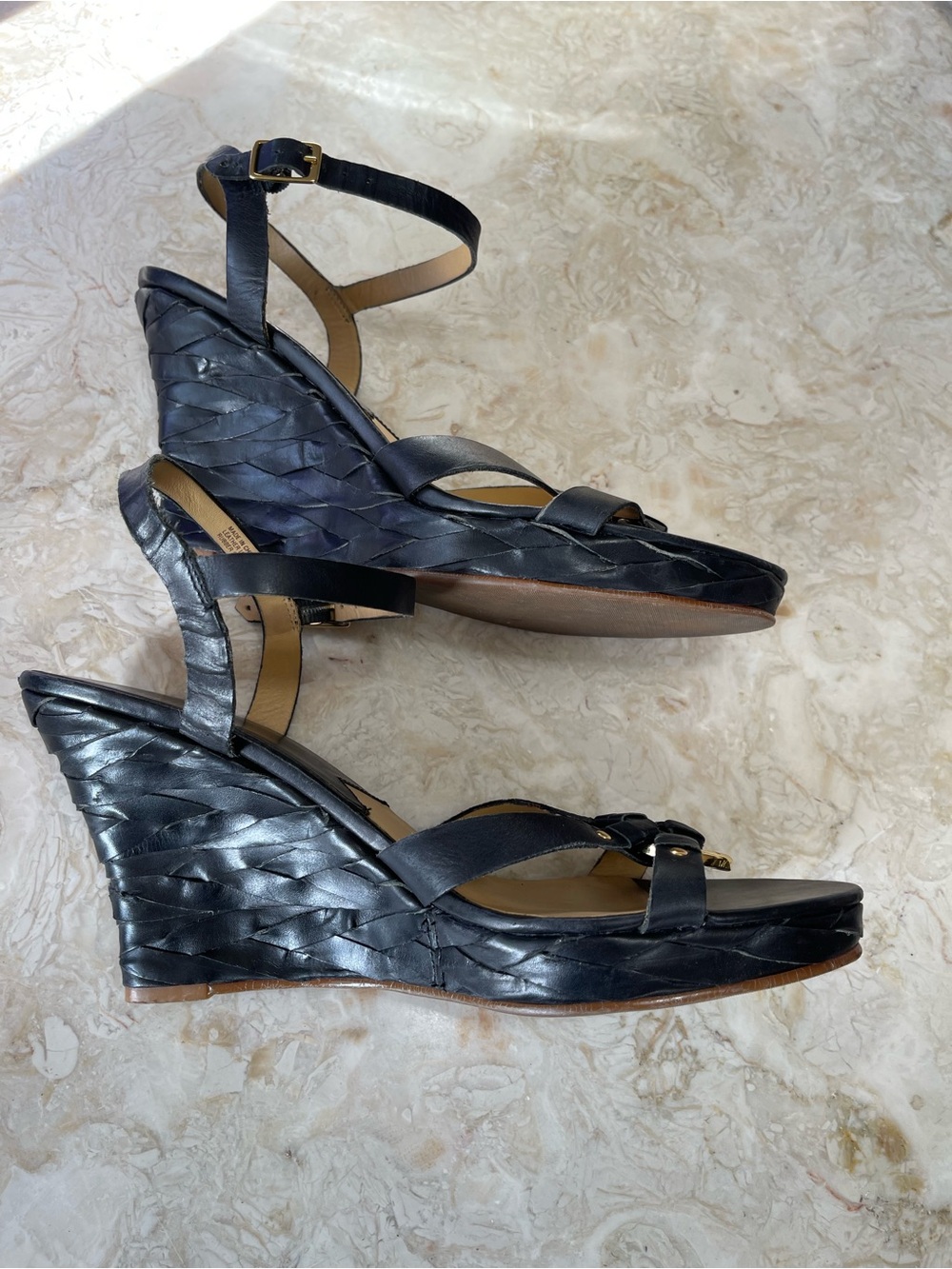 Michael Kors Black Leather Wedge Woven Heel Sandals